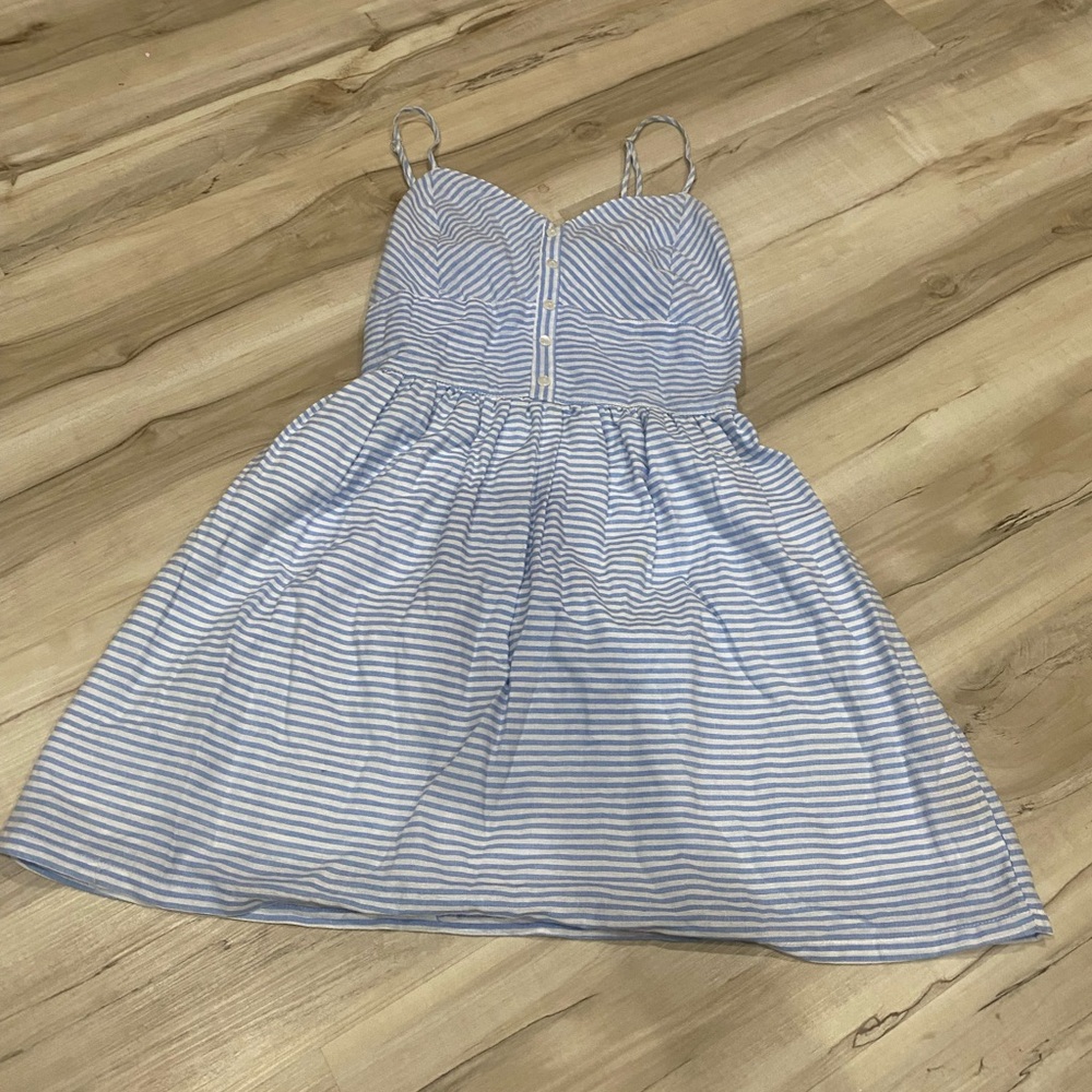 Love Notes Blue Striped Babydoll Mini Dress Button Front Smocked Back S 0191